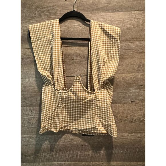 Pretty Little Thing Brown Woven Check Print Cross Over Zip Top Size 6 - Picture 2 of 4